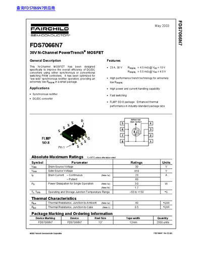 Fairchild Semiconductor FDS7066N7 N-Channel MOSFET Datasheet - cover page