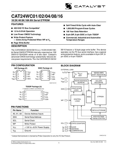 Catalyst CAT24WC01/02/04/08/16 Serial E-PROM Datasheet