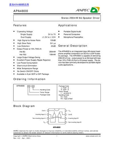ANPEC APA4800 Stereo Speaker Driver Datasheet - cover page