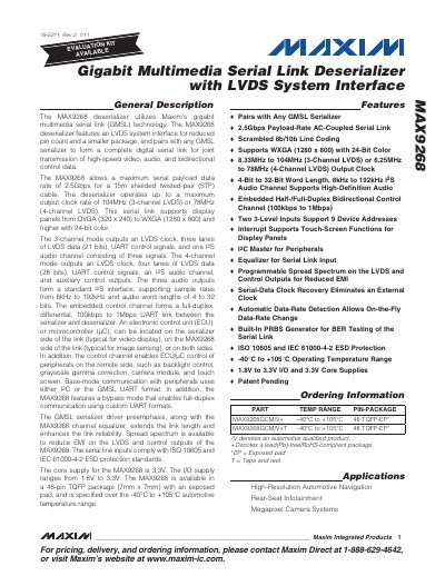 Maxim MAX9268 Deserializer Datasheet - cover page