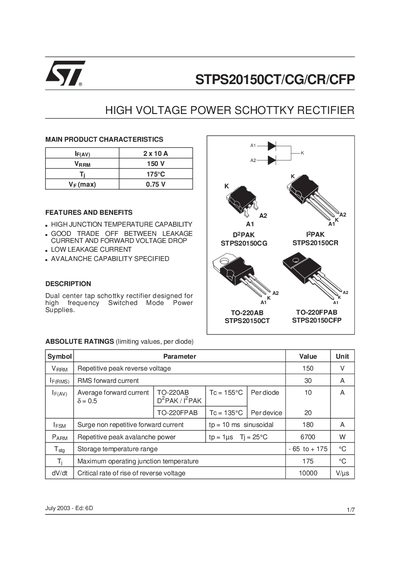 STMicroelectronics STPS20150CT/CG/CR/CFP Schottky Rectifier Datasheet - cover page