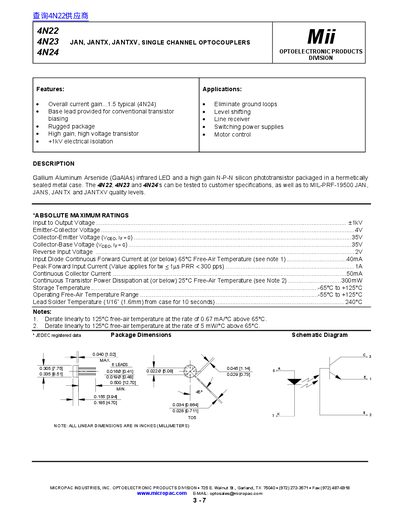 Micropac Industries 4N22/4N23/4N24 Single Channel Optocouplers Datasheet - cover page