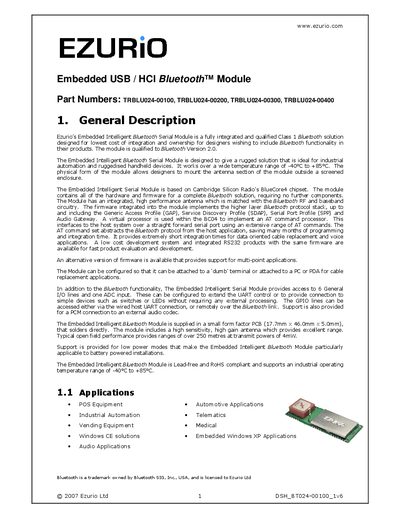 Ezurio Embedded USB / HCI Bluetooth Module Datasheet - cover page