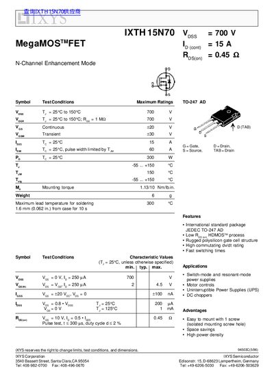 IXYS IXTH 15N70 handbook - cover page