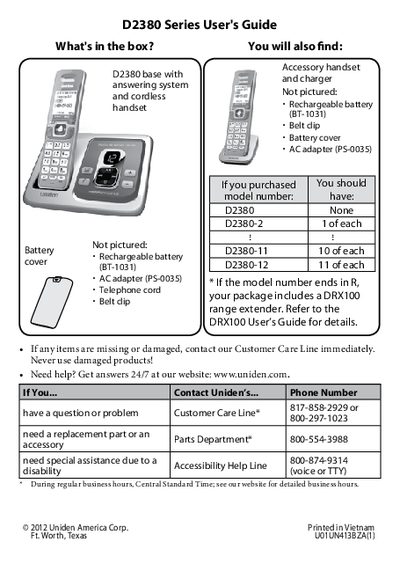 Uniden D2380 Series Cordless Phone User's Guide - cover page