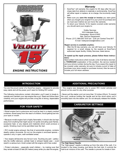 DuraTrax Velocity 15 Engine Operation and Maintenance Manual - cover page
