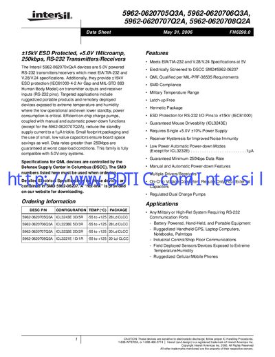 Intersil 5962-0620705Q3A RS-232 Transceiver Datasheet - cover page