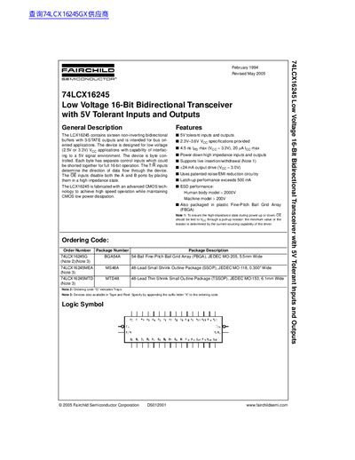 Fairchild 74LCX16245 Low Voltage 16-Bit Bidirectional Transceiver Datasheet - cover page
