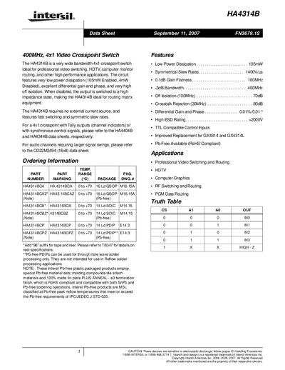Intersil HA4314B Datasheet - cover page