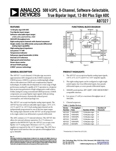 Analog Devices AD7327 8‑Channel 12‑Bit ADC Datasheet - cover page