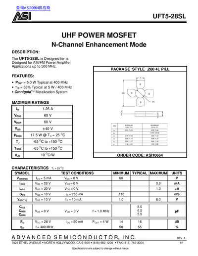 UHF UFT5-28SL N-Channel Enhancement Mode Power MOSFET Datasheet - cover page