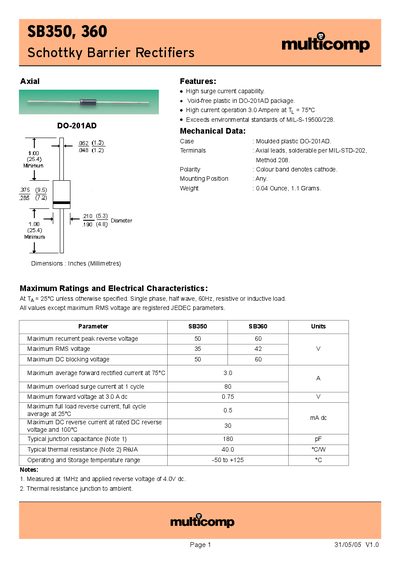 Multicomp SB350 / SB360 Schottky Barrier Rectifier Datasheet - cover page