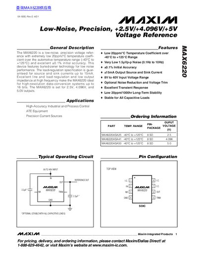 MAXIM MAX6220 Low-Noise Precision Voltage Reference Datasheet - cover page