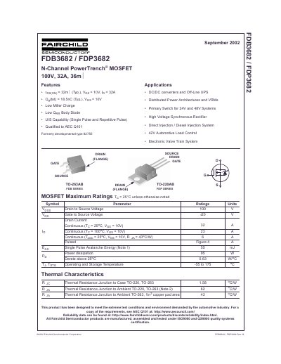 Fairchild FDB3682/FDP3682 N-Channel PowerTrench MOSFET Datasheet - cover page