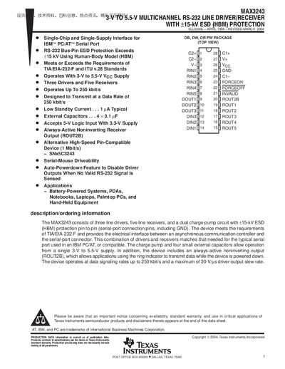 Texas Instruments MAX3243 RS-232 Line Driver/Receiver Datasheet - cover page
