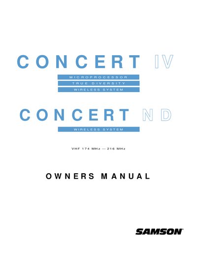 Samson Concert IV VHF Wireless System Owner's Manual - cover page