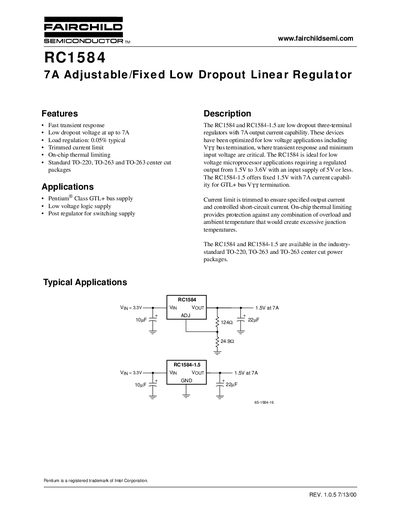 Fairchild Semiconductor RC1584 7A Adjustable/Fixed Low Dropout Linear Regulator Data Sheet - cover page