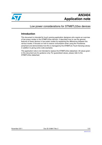 STMicroelectronics AN3404 STM8TL53xx Low Power Application Note