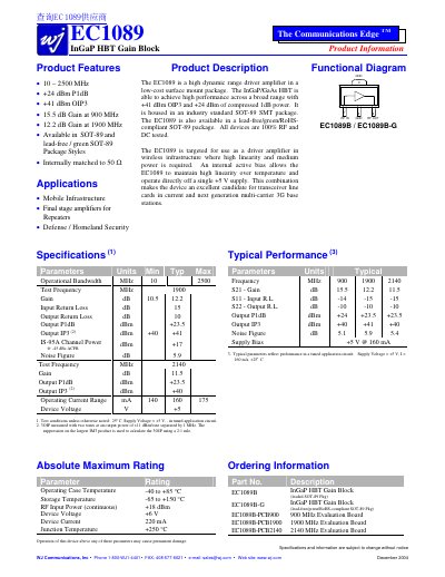 WJ Communications EC1089 InGaP HBT Gain Block Datasheet - cover page