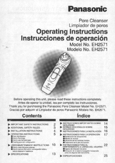 Panasonic EH2571 Pore Cleanser Operating Instructions - cover page