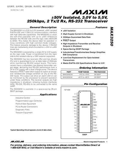 Maxim MAX3250 RS-232 Transceiver Datasheet - cover page