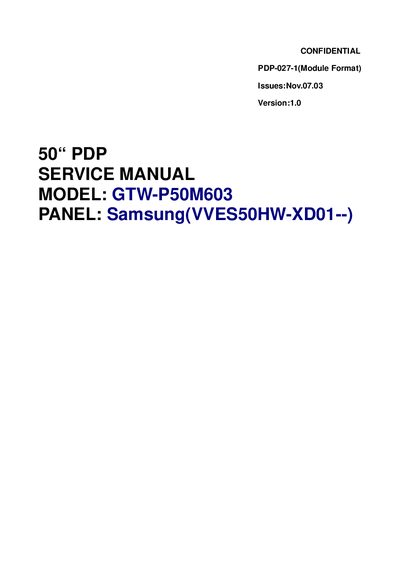 Samsung GTW-P50M603 Plasma Display Service Manual - cover page