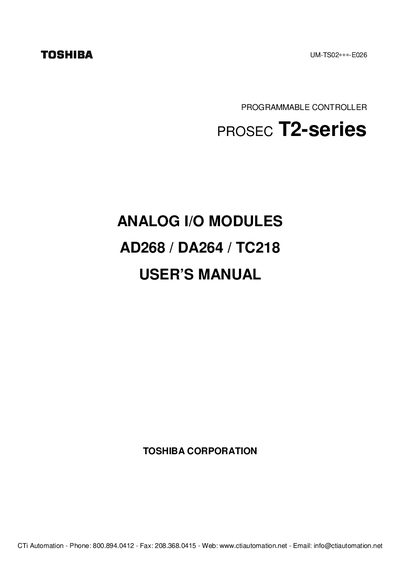 Toshiba AD268 / DA264 / TC218 Analog I/O Modules User Manual - cover page
