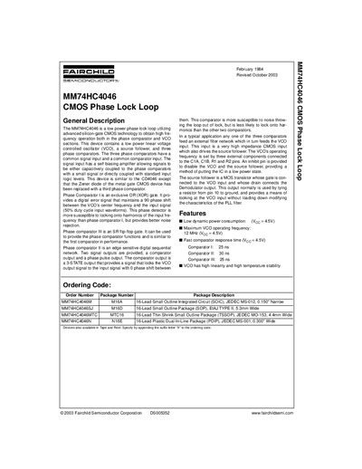 Fairchild MM74HC4046 CMOS Phase Lock Loop Datasheet
