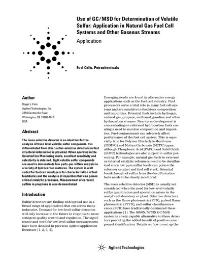 Use of GC/MSD for Determination of Volatile Sulfur: Application in Natural Gas Fuel Cell Systems - cover page