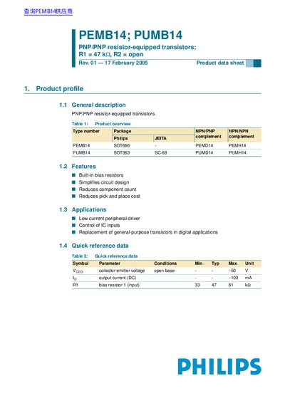 Philips PEMB14; PUMB14 PNP/PNP Resistor-Equipped Transistors Datasheet - cover page