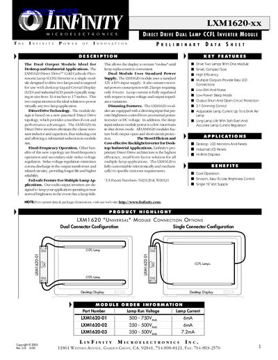 Linfinity LXM1620-xx Direct Drive Dual Lamp CCFL Inverter Module Data Sheet - cover page