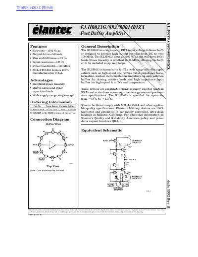 Elantec ELH0033G/883/8001401ZX Fast Buffer Amplifier Datasheet - cover page