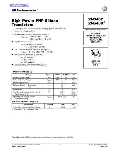 ON Semiconductor 2N6437/2N6438 Power Transistor Datasheet - cover page
