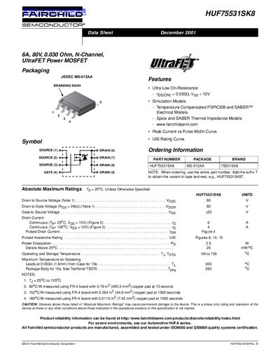Fairchild Semiconductor HUF75531SK8 Power MOSFET Datasheet - cover page