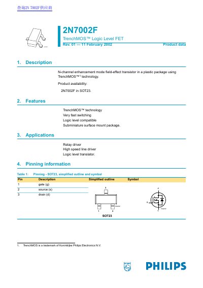 Philips 2N7002F TrenchMOS Logic Level FET Datasheet - cover page