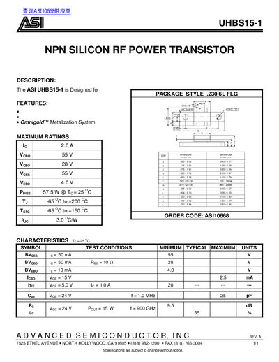 ASI UHBS15-1 NPN Silicon RF Power Transistor Datasheet - cover page