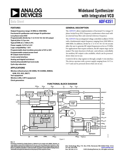Analog Devices ADF4351 Wideband Synthesizer Data Sheet - cover page