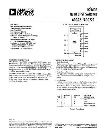 Analog Devices ADG221/ADG222 Quad SPST Switches Datasheet - cover page