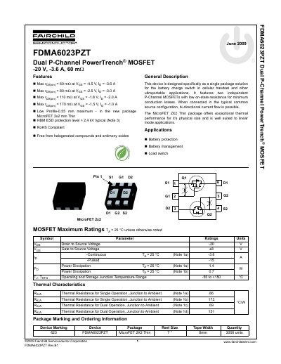 Fairchild FDMA6023PZT Dual P-Channel MOSFET Datasheet - cover page