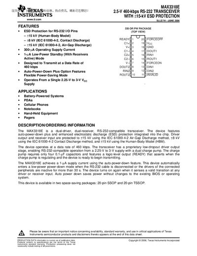 Texas Instruments MAX3318E RS-232 Transceiver Datasheet