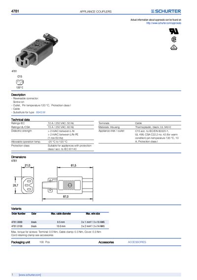 SCHURTER 4781 Appliance Coupler Handbook - cover page