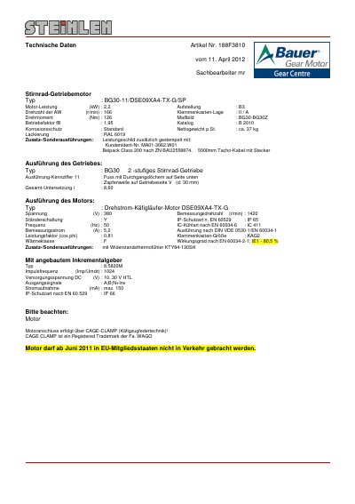 Bauer BG30-11/DSE09XA4-TX-G/SP Gear Motor Technical Data Sheet - cover page
