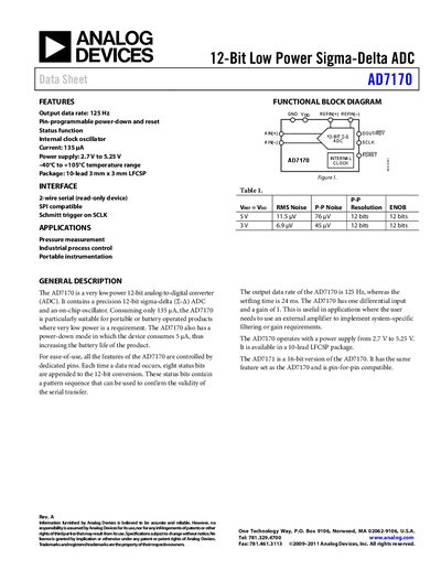 Analog Devices AD7170 12‑Bit Low Power Sigma‑Delta ADC Datasheet - cover page