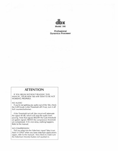 dbx 166 Professional Dynamics Processor Inspection and Installation Manual - cover page