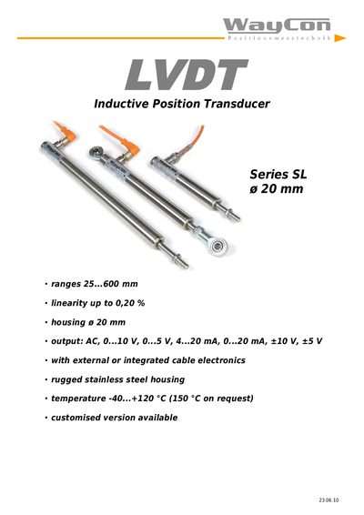 WayCon SL Series Inductive Position Transducer Data Sheet - cover page