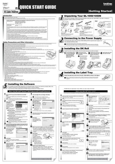 Brother QL-1050/1050N PC Label Printer Quick Start Guide - cover page