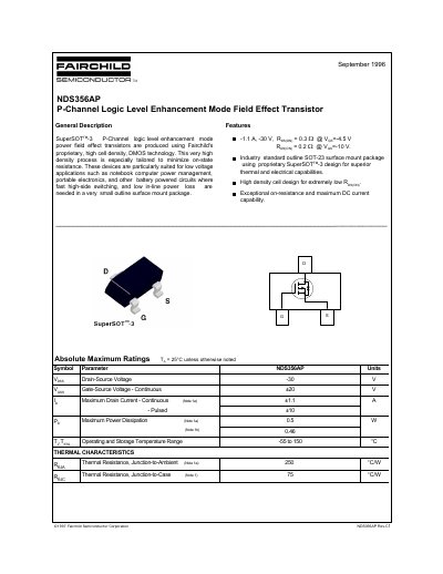 Fairchild NDS356AP P-Channel Enhancement Mode FET Datasheet - cover page