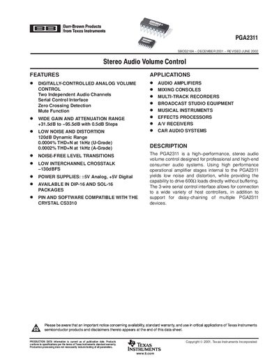 Texas Instruments PGA2311 Audio Volume Control Datasheet - cover page