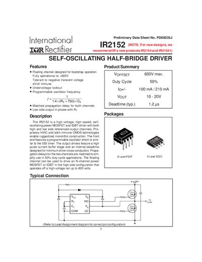International Rectifier IR2152 Self-Oscillating Half-Bridge Driver Datasheet - cover page