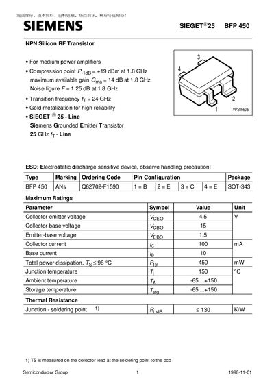 Siemens BFP 450 Datasheet - cover page